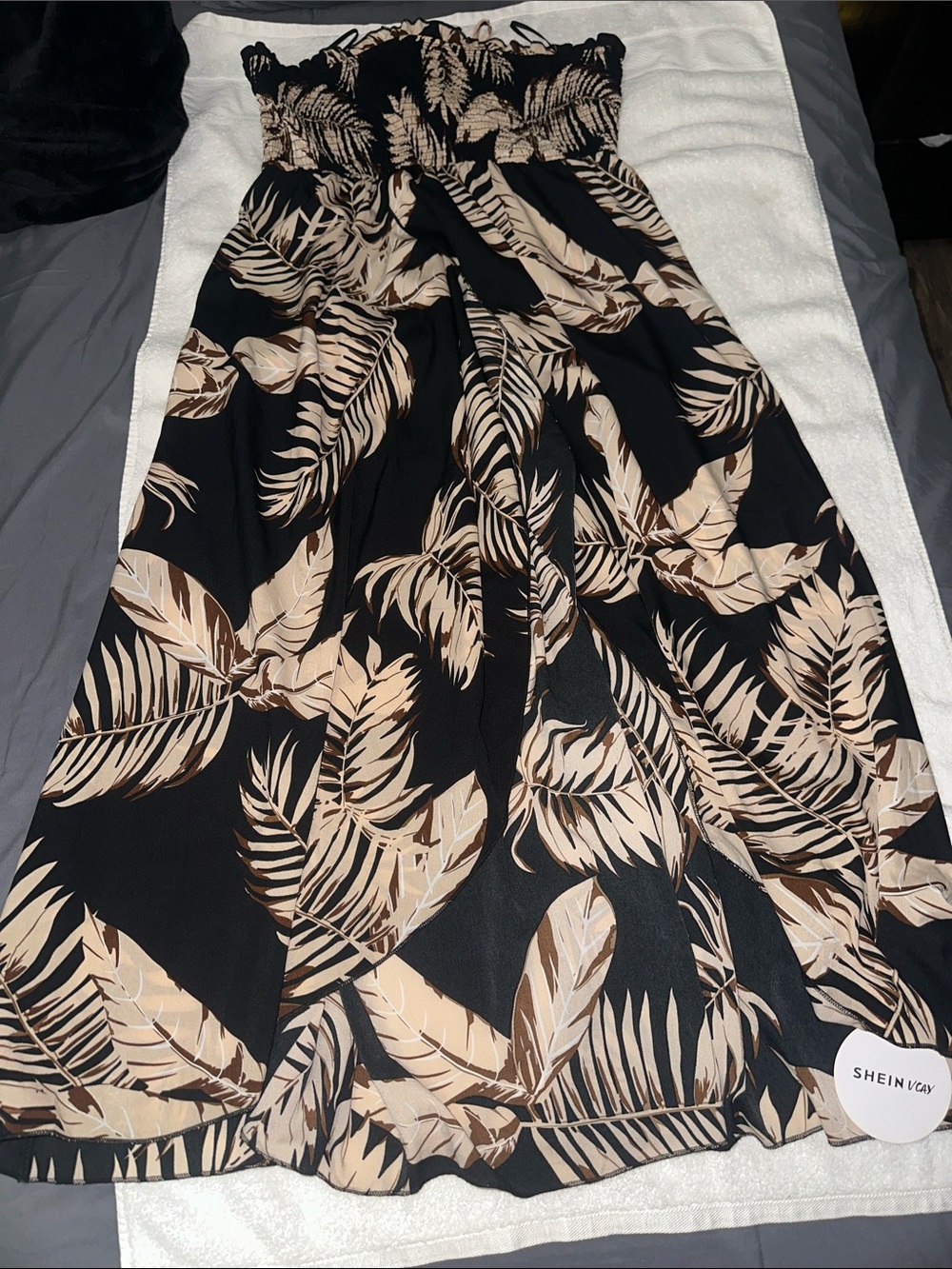 SHEIN Black and Beige Tropical Print Smocked Maxi Dress